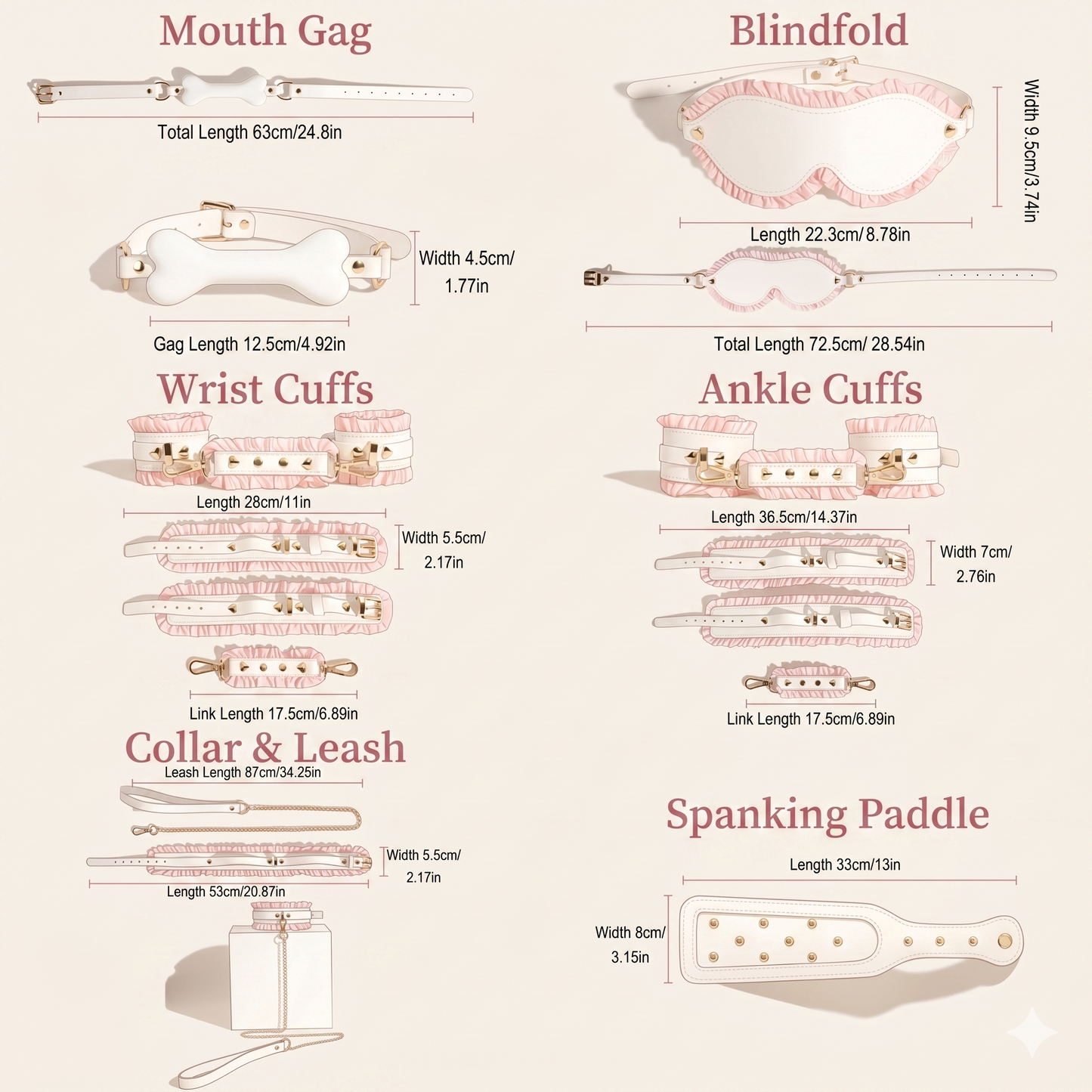 An infographic chart showing the exact lengths and widths for each item in the 6-piece set, including the mouth gag, blindfold, wrist cuffs, ankle cuffs, collar, leash, and spanking paddle.