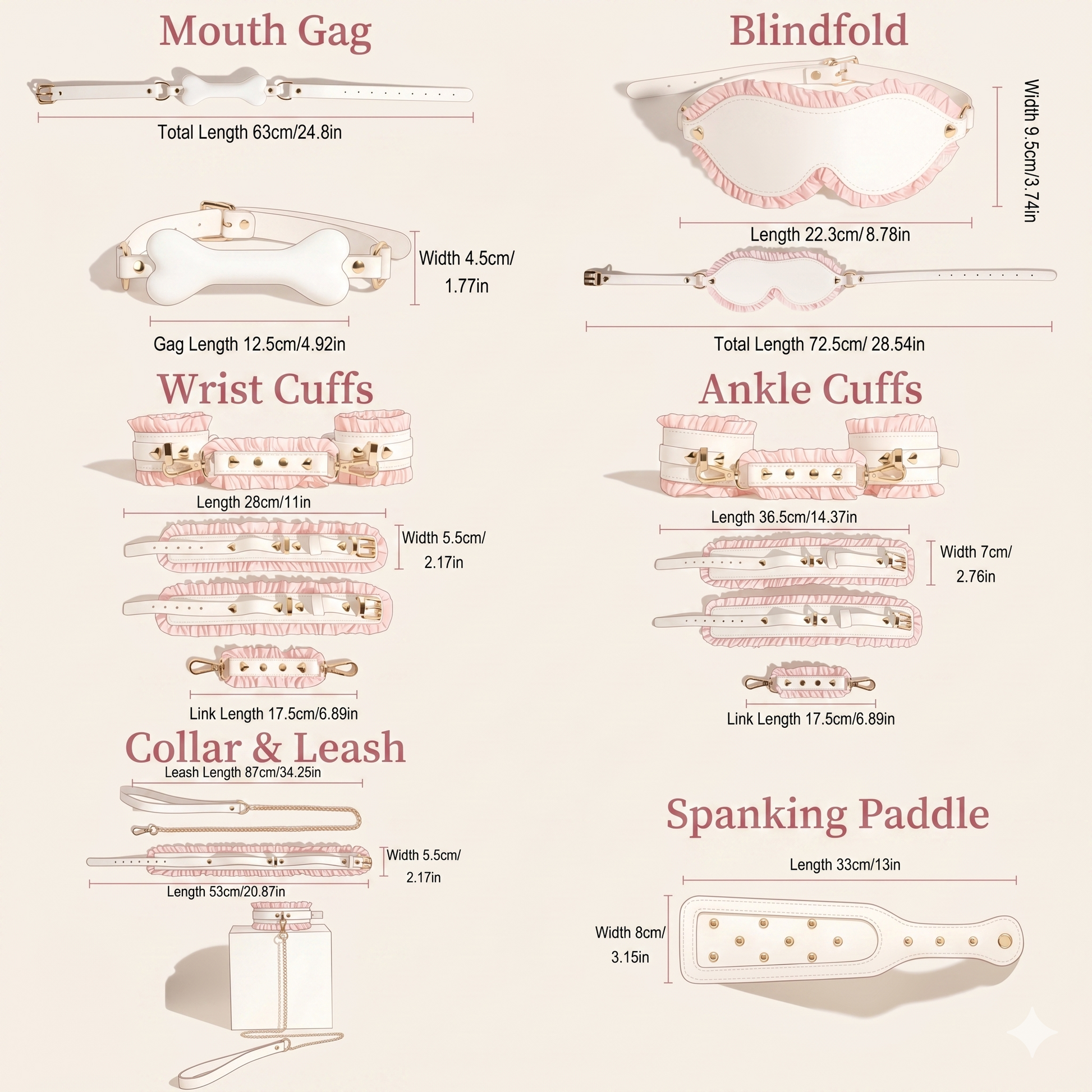 An infographic chart showing the exact lengths and widths for each item in the 6-piece set, including the mouth gag, blindfold, wrist cuffs, ankle cuffs, collar, leash, and spanking paddle.