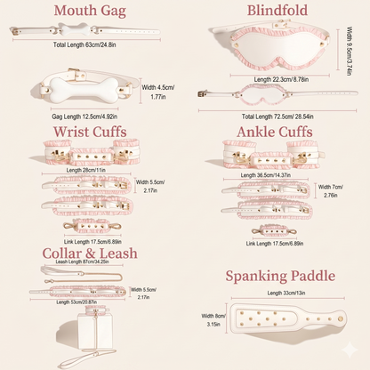 An infographic chart showing the exact lengths and widths for each item in the 6-piece set, including the mouth gag, blindfold, wrist cuffs, ankle cuffs, collar, leash, and spanking paddle.