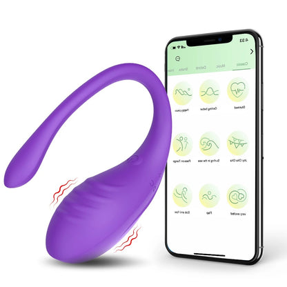 Purple wearable panty vibrador with smartphone app control for long-distance couples' play.