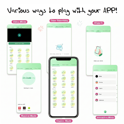 Smartphone app interface for wearable vibrador showing various control modes including Video, Music, Draw, and Shake