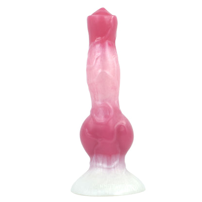 Upright Kawaii marbled fantasy knot dildo in a pastel pink and white strawberry milk swirl.