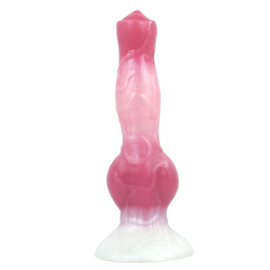Upright Kawaii marbled fantasy knot dildo in a pastel pink and white strawberry milk swirl.