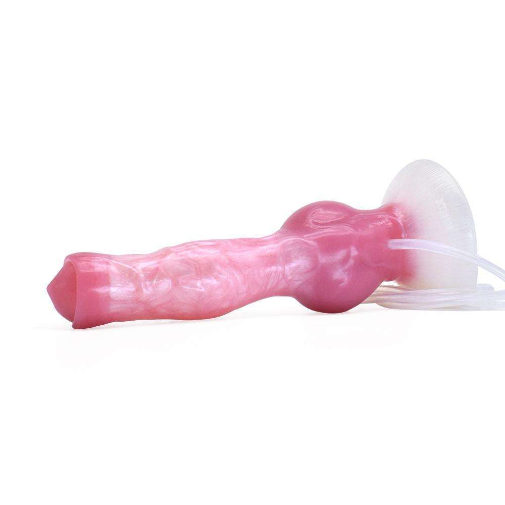 Pink and white marbled fantasy knot dildo resting horizontally, highlighting its thick base and curved head.