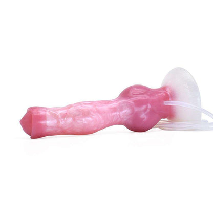 Pink and white marbled fantasy knot dildo resting horizontally, highlighting its thick base and curved head.