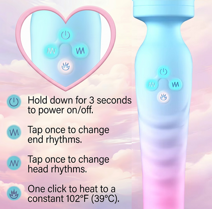 Infographic showing a close-up of the pastel blue control buttons on the wand shaft with text instructions on how to change rhythms and turn on the 104°F heating function.