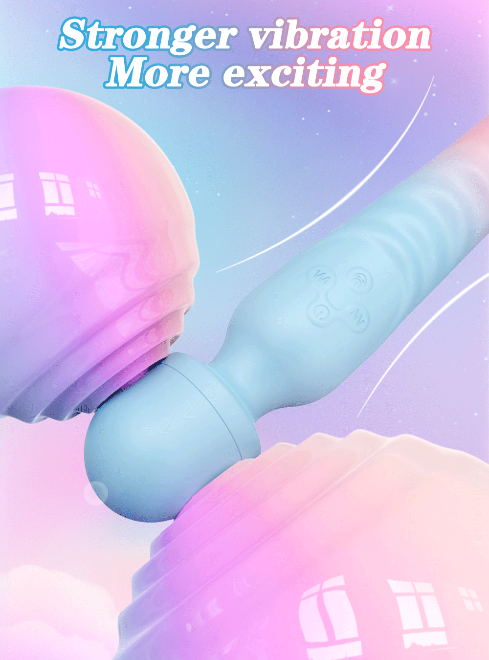 Close-up graphic demonstration of the blue wand head bending on its flexible neck, with pastel pink text reading Stronger vibration More exciting.