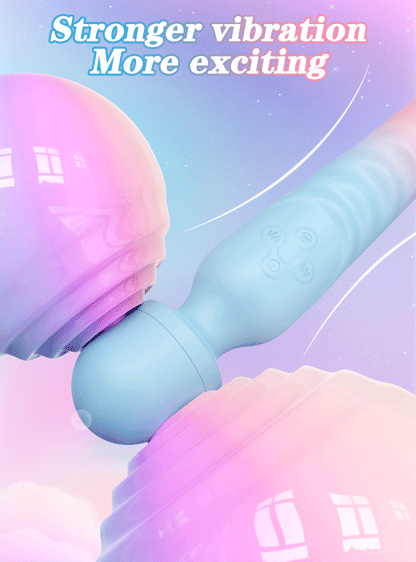 Close-up graphic demonstration of the blue wand head bending on its flexible neck, with pastel pink text reading Stronger vibration More exciting.