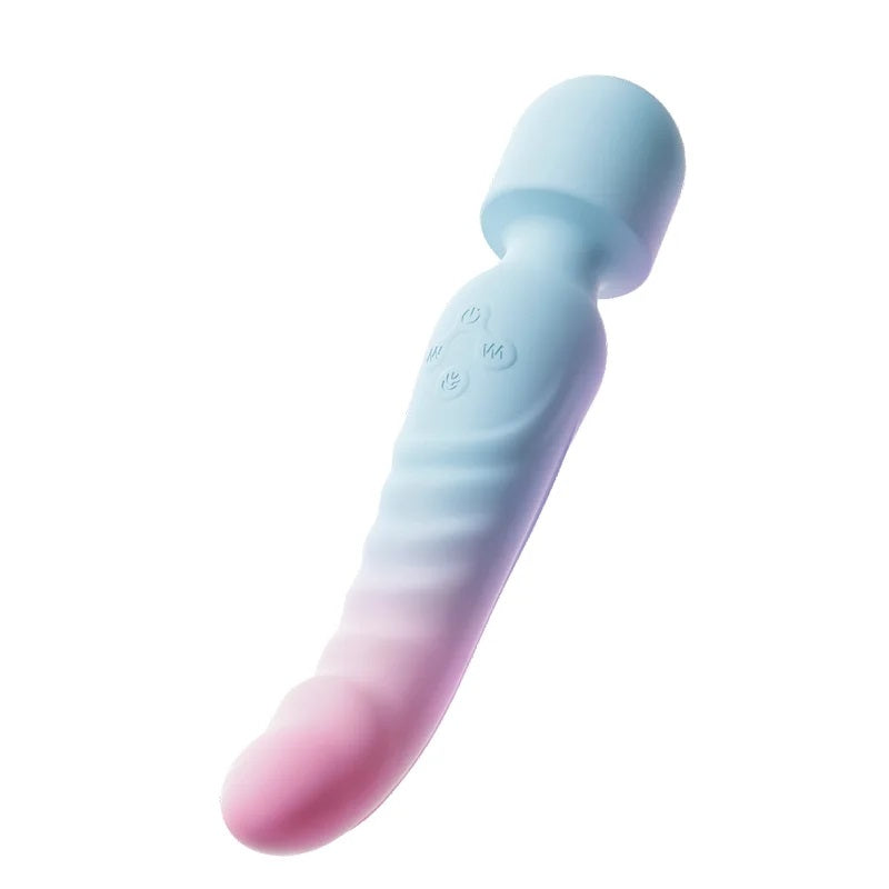Main product shot of the Sweet Surrender 2-in-1 wand and G-spot vibrator on a pure white background. The toy features a pastel blue body fading into a pastel pink curved tip