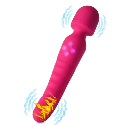 Graphic illustration of the bright pink version of the dual-ended wand vibrator, highlighting the internal heating and vibration zones.
