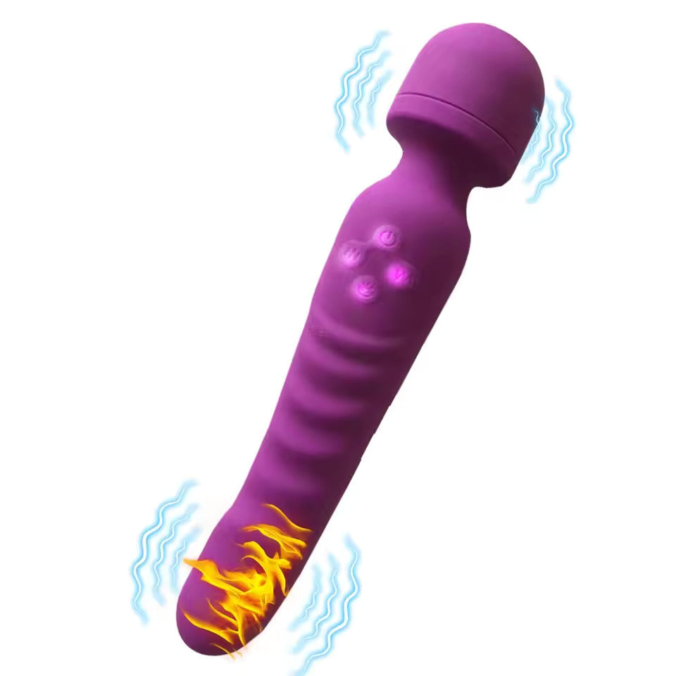Graphic illustration of the deep purple version of the dual-ended wand vibrator, showing vibration icons near the wand head and the heated shaft.