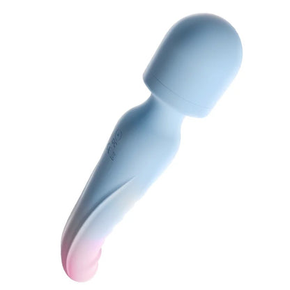 Side profile shot of the blue and pink Sweet Surrender dual-ended massage wand standing on a crisp white background.