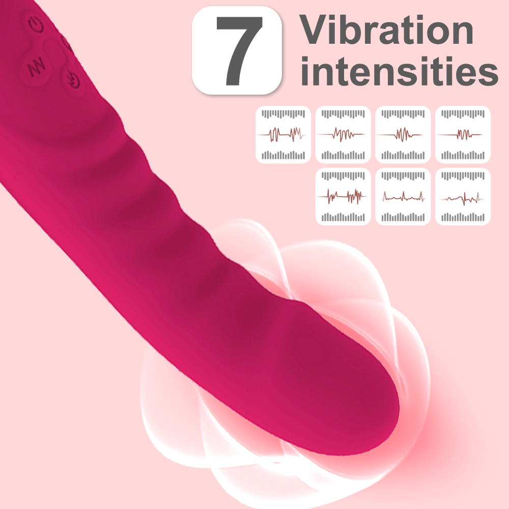 Graphic showcase of the magenta version of the wand, displaying text for 7 vibration intensities with level bar icons against a pastel pink background.