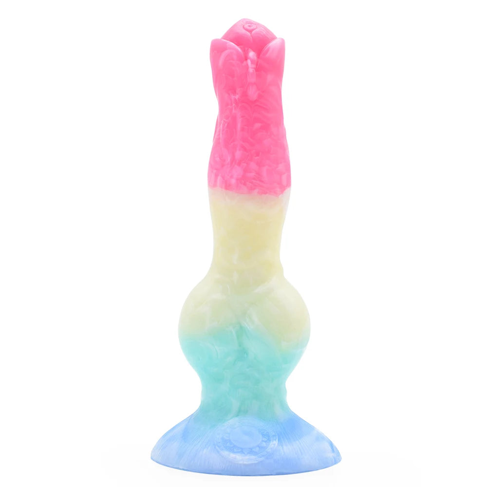 Upright fantasy knot dildo featuring a bright pastel rainbow gradient of pink, yellow, and blue.