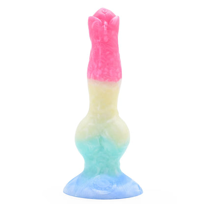 Upright fantasy knot dildo featuring a bright pastel rainbow gradient of pink, yellow, and blue.