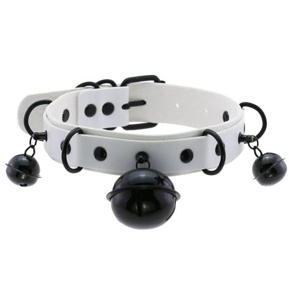 The white leather kitty cat bell collar variation featuring contrasting black bells and black metal hardware.