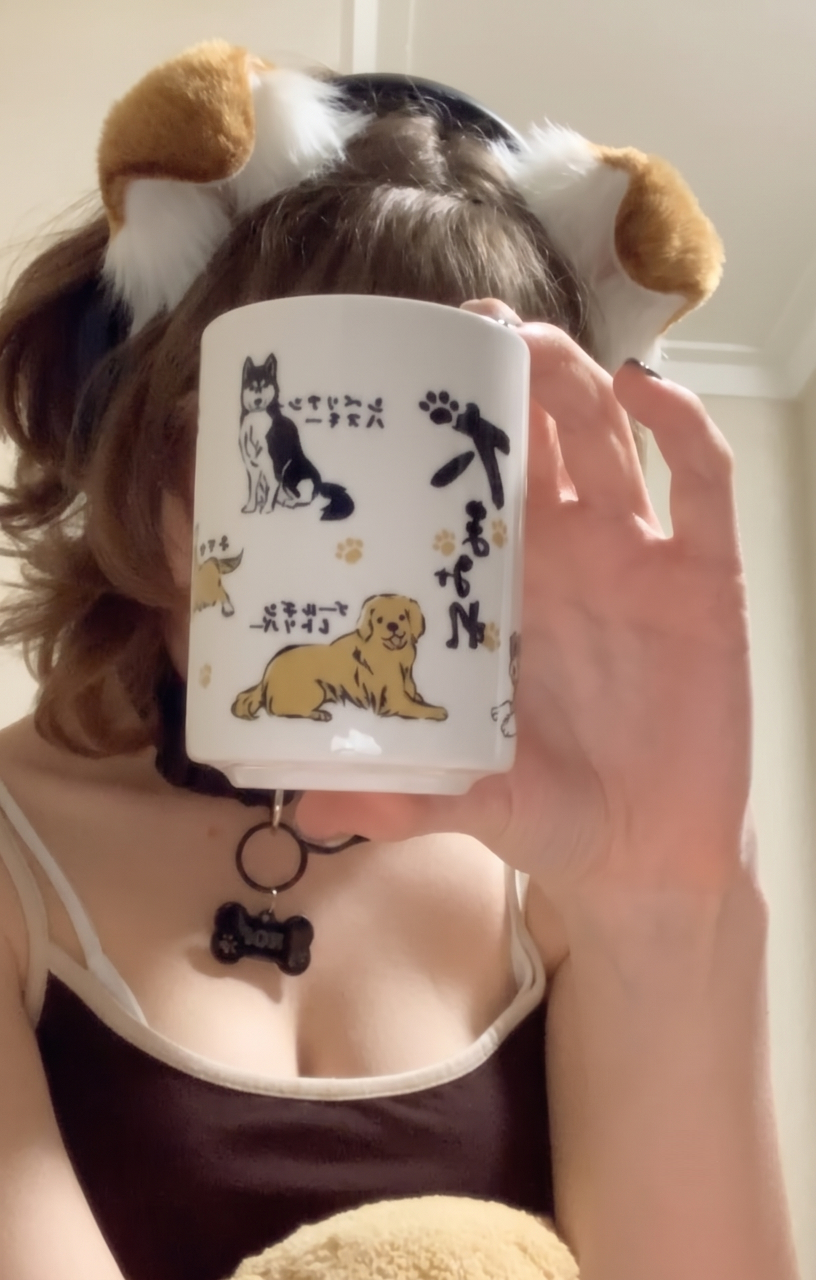 A mirror selfie of a person with dark hair showcasing a kawaii BDSM lifestyle look, wearing a black top, a distinctive black leather collar with a tag, and cute white and brown fluffy pet play ears.