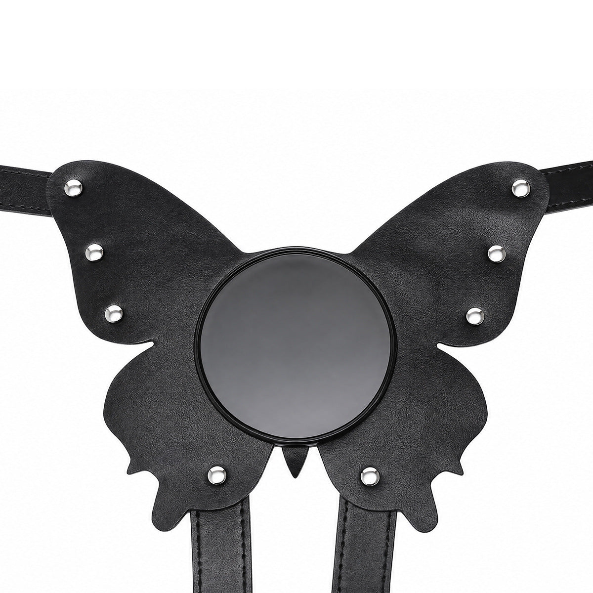 The solid front plate of the black butterfly suction cup harness laid flat, showing the smooth center base designed for secure toy attachment and silver stud detailing.
