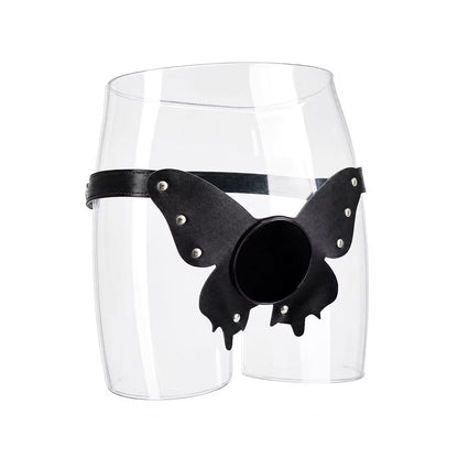 A premium dark black butterfly strap-on harness designed for suction cup toys, perfectly fitted on a clear mannequin torso to showcase the aesthetic design.