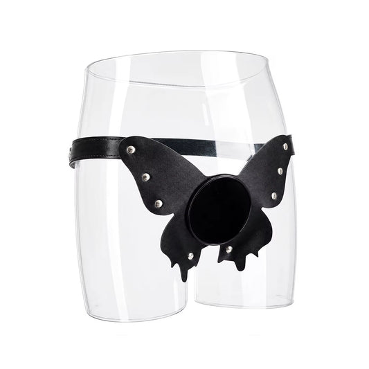 A premium dark black butterfly strap-on harness designed for suction cup toys, perfectly fitted on a clear mannequin torso to showcase the aesthetic design.