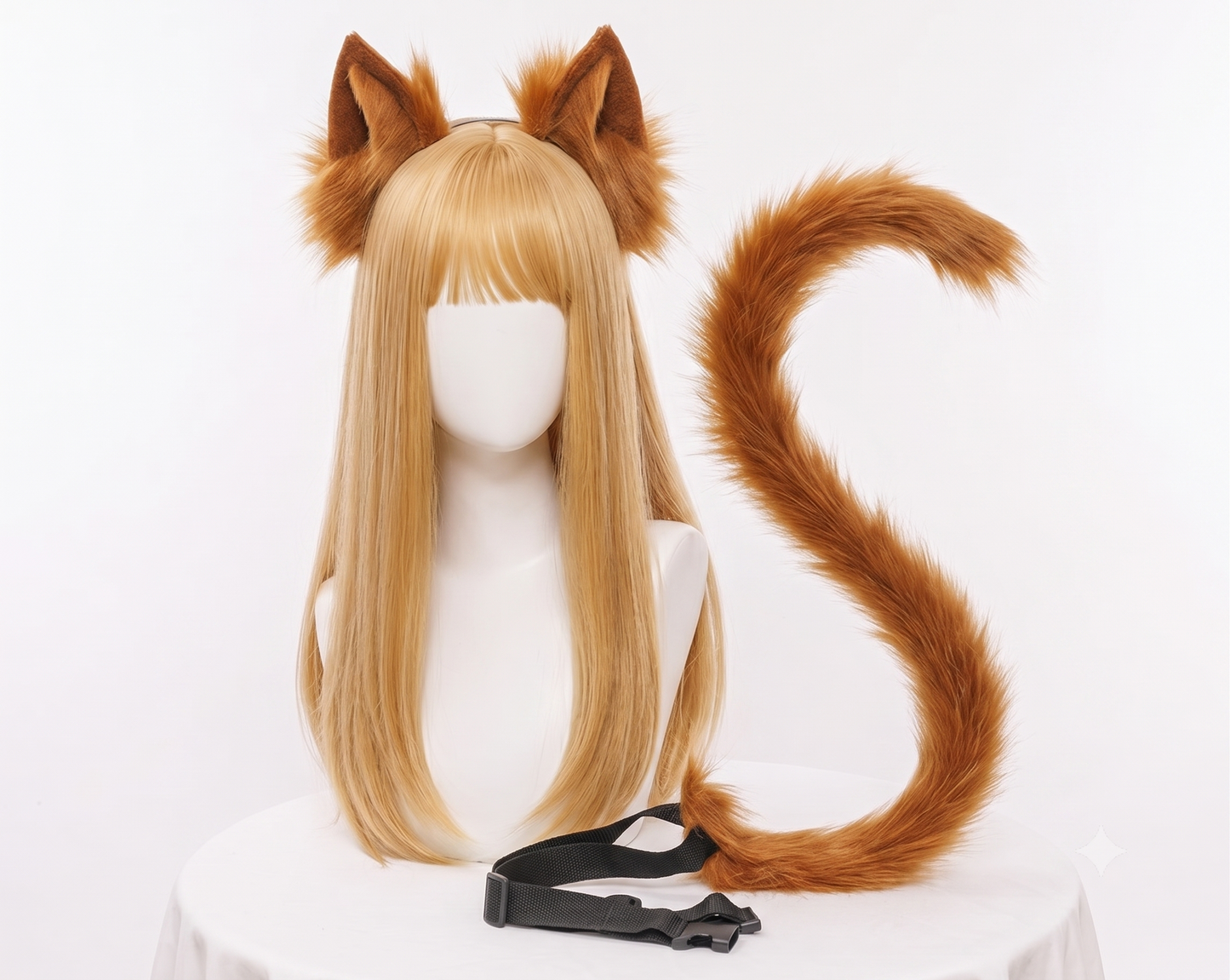 A natural brown faux fur posable fox tail and matching ear headband set displayed SFW style with a waist strap on a mannequin.
