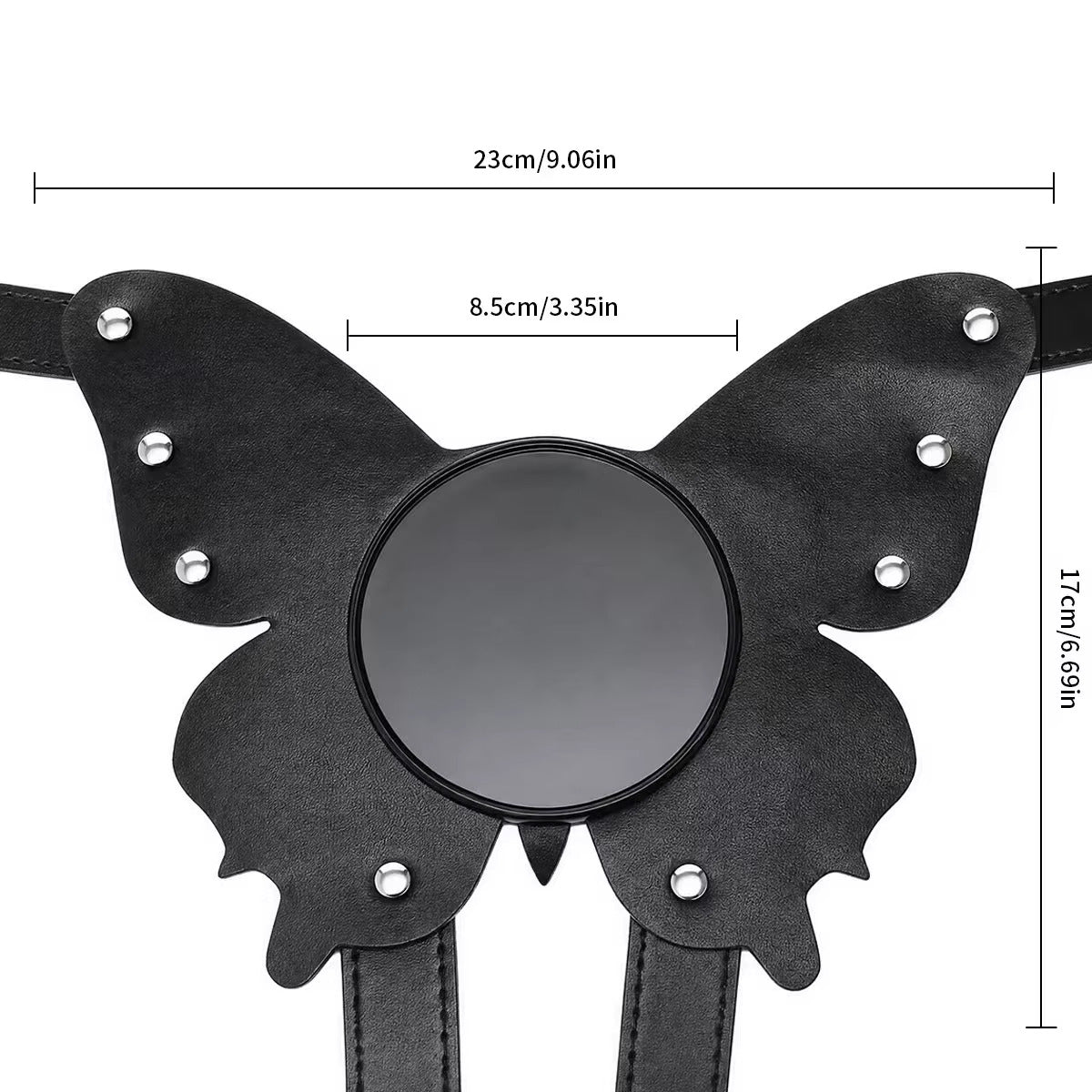 A dimension diagram of the black vegan leather butterfly harness, showing a width of 23 cm, a height of 17 cm, and highlighting the center suction base.