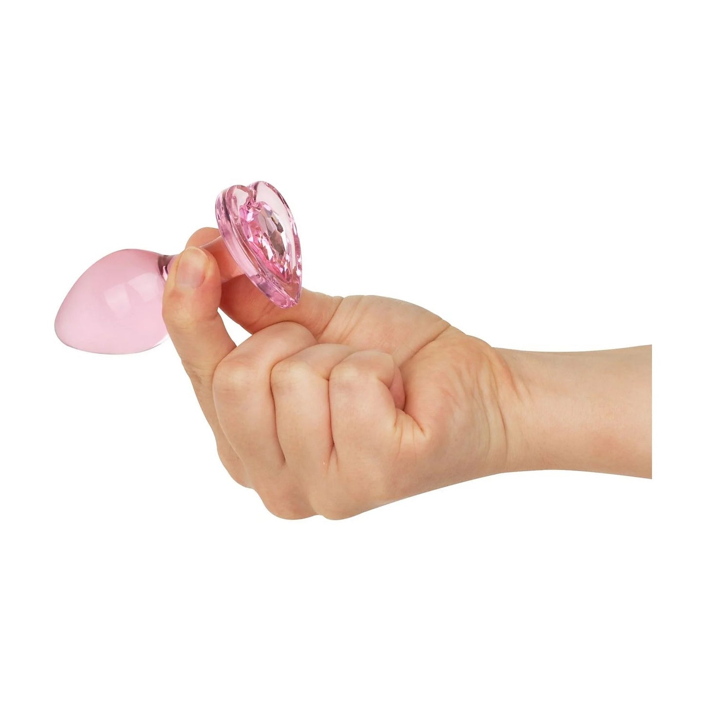 Kawaii aesthetic kinky toy featuring a hand holding the pink glass plug and crystal heart
Hand holding the pink crystal heart glass plug demonstrating its perfect size for extended wear and temperature play.