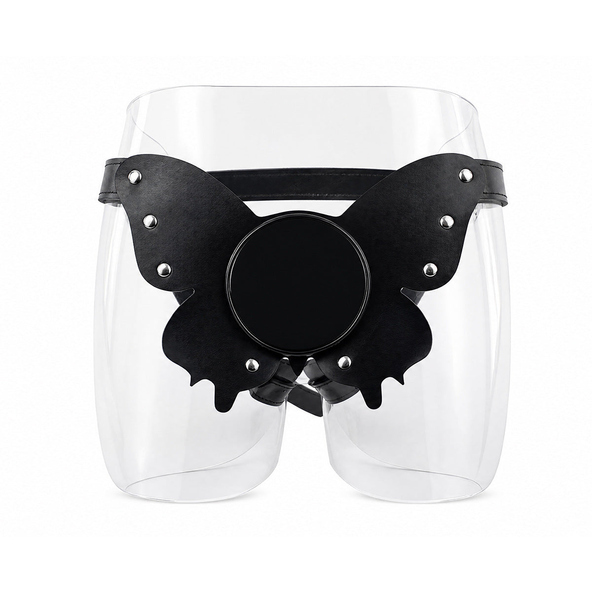 A dark aesthetic black butterfly suction cup harness securely strapped to a clear mannequin, showcasing the striking silhouette and visual dominance of the piece.