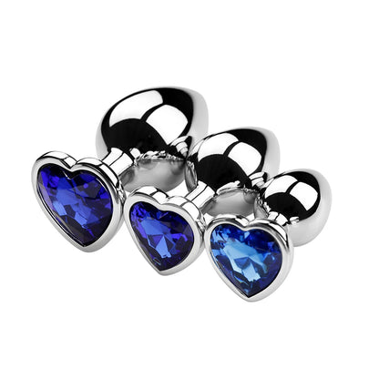 3-piece stainless steel plug training bundle with beautiful dark blue crystal heart gemstones.
