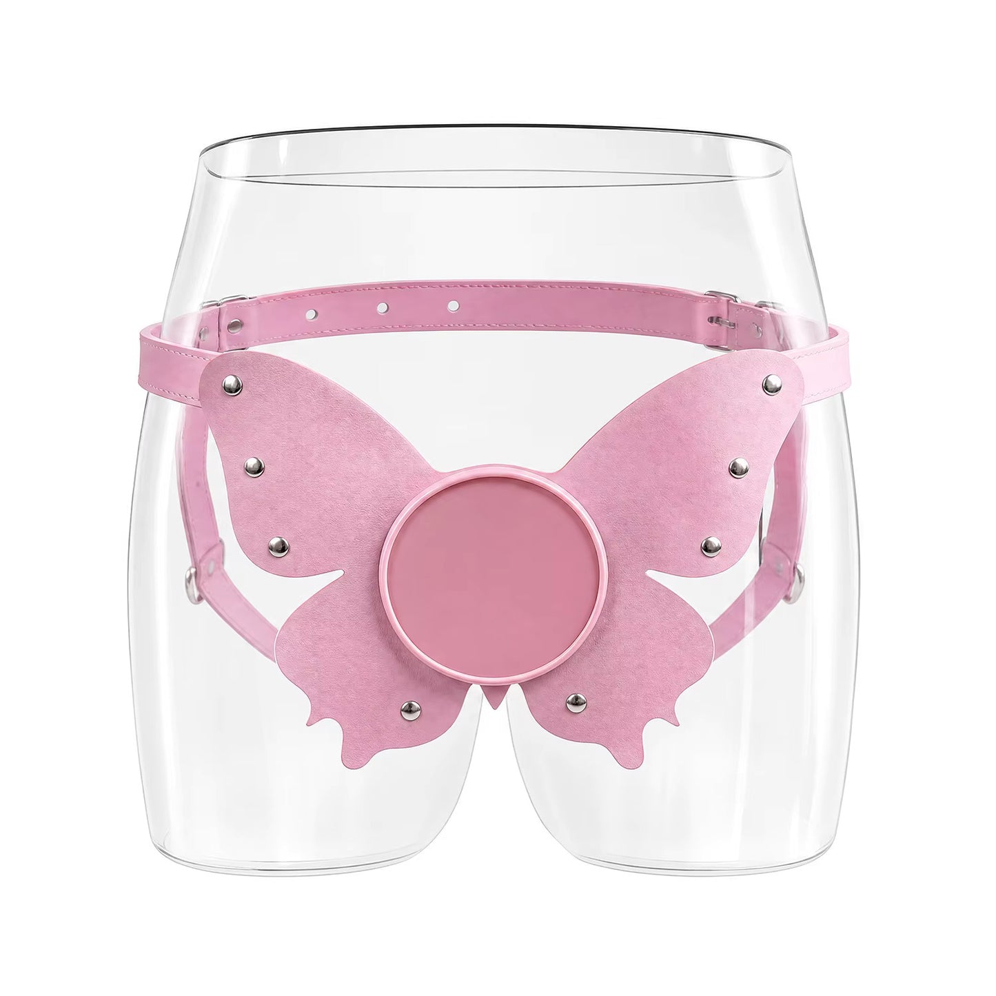 A direct front view of the adjustable pastel pink butterfly suction cup harness, highlighting the wide, structured plate and smooth center base.