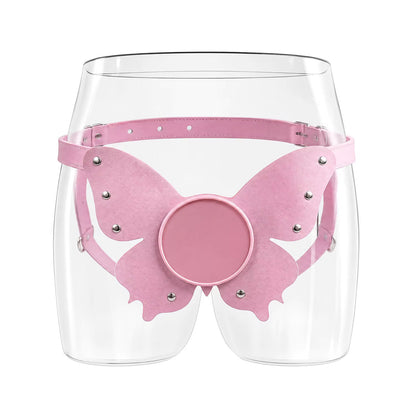 A direct front view of the adjustable pastel pink butterfly suction cup harness, highlighting the wide, structured plate and smooth center base.