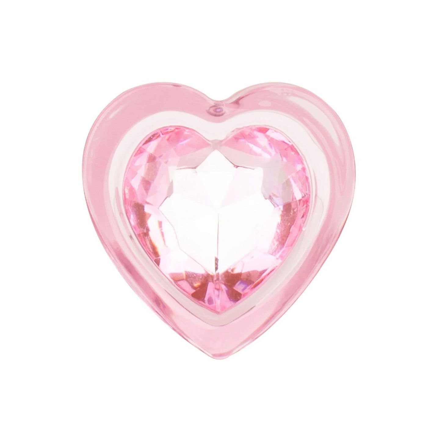 Cute Kawaii BDSM pink glass plug with a sparkling heart aesthetic Close-up of the faceted jewel-like pink heart base on the premium glass plug that acts as a safe stopper.