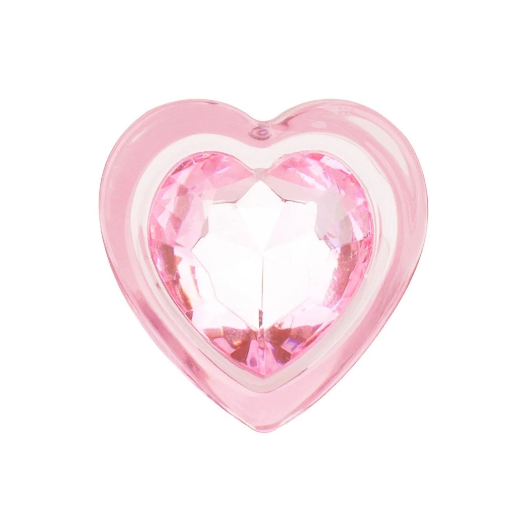 Cute Kawaii BDSM pink glass plug with a sparkling heart aesthetic Close-up of the faceted jewel-like pink heart base on the premium glass plug that acts as a safe stopper.