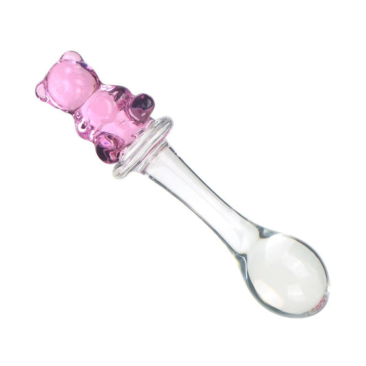 Clear glass anal plug with a cute translucent pink gummy bear handle on a white background