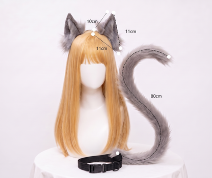 A side-angle view of the grey faux fur SFW cosplay tail and ears set on a mannequin, showcasing the impressive length and bendable nature of the tail accessory.