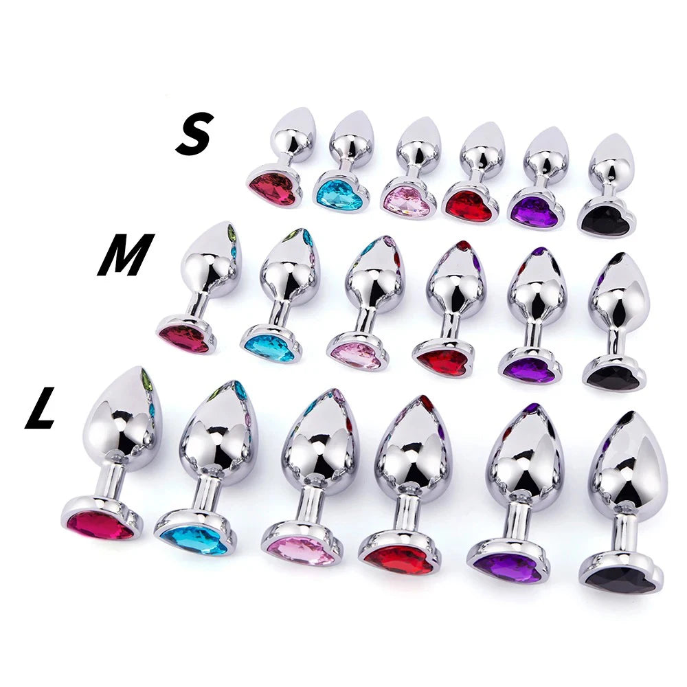 Complete visual guide showing all available stunning color options for the crystal heart stainless steel plugs across all three sizes.