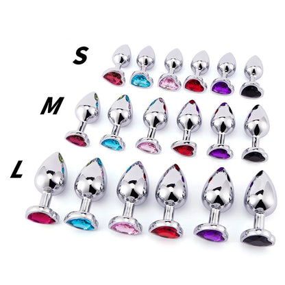 Complete visual guide showing all available stunning color options for the crystal heart stainless steel plugs across all three sizes.