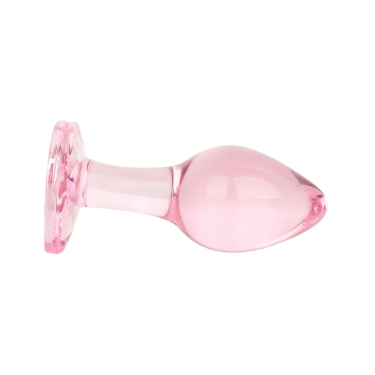 Side profile of the smooth hypoallergenic pink glass plug showing its ergonomic shape perfect for beginners.