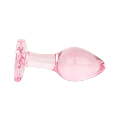 Side profile of the smooth hypoallergenic pink glass plug showing its ergonomic shape perfect for beginners.