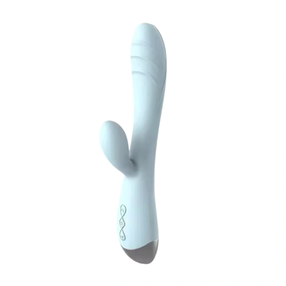 The aesthetic Pastel Dream Rabbit Vibrator in a beautiful pastel ice blue color, standing upright.