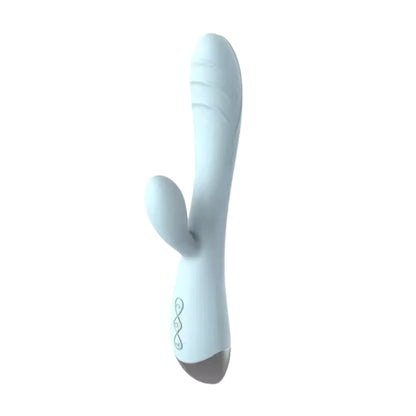 The aesthetic Pastel Dream Rabbit Vibrator in a beautiful pastel ice blue color, standing upright.