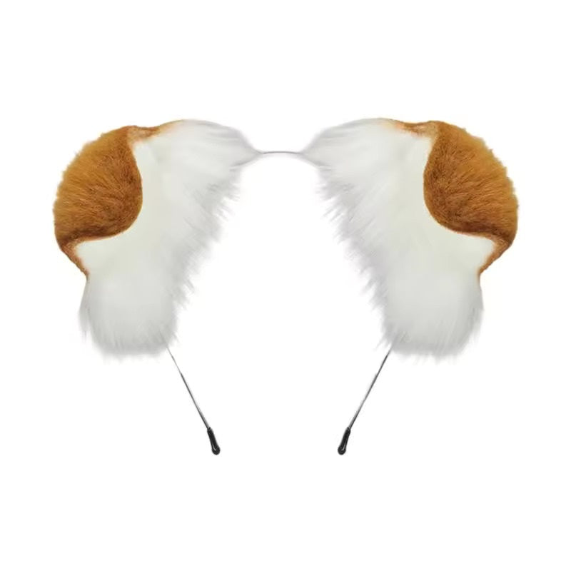 Detailed product isolation shot showcasing a discreet metal headband with two thick, fluffy faux fur puppy ears featuring a bright white base and soft, light brown folded tips.