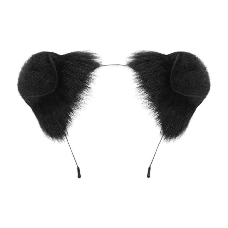 Product isolation shot showing a thin metal headband featuring two highly textured, fluffy solid black faux fur puppy ears, perfect for alternative or gothic submissive pet play looks.