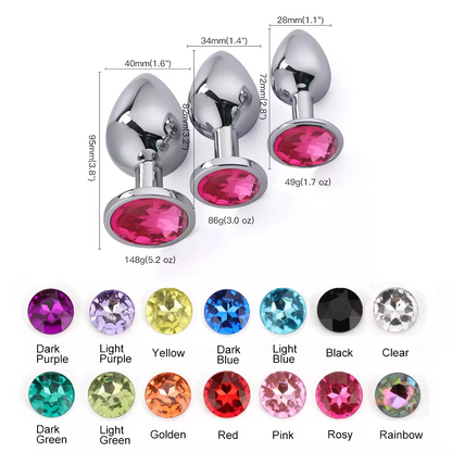 Detailed size and color chart for the stainless steel jewel plugs, showing Small, Medium, and Large options along with 11 gem colors.