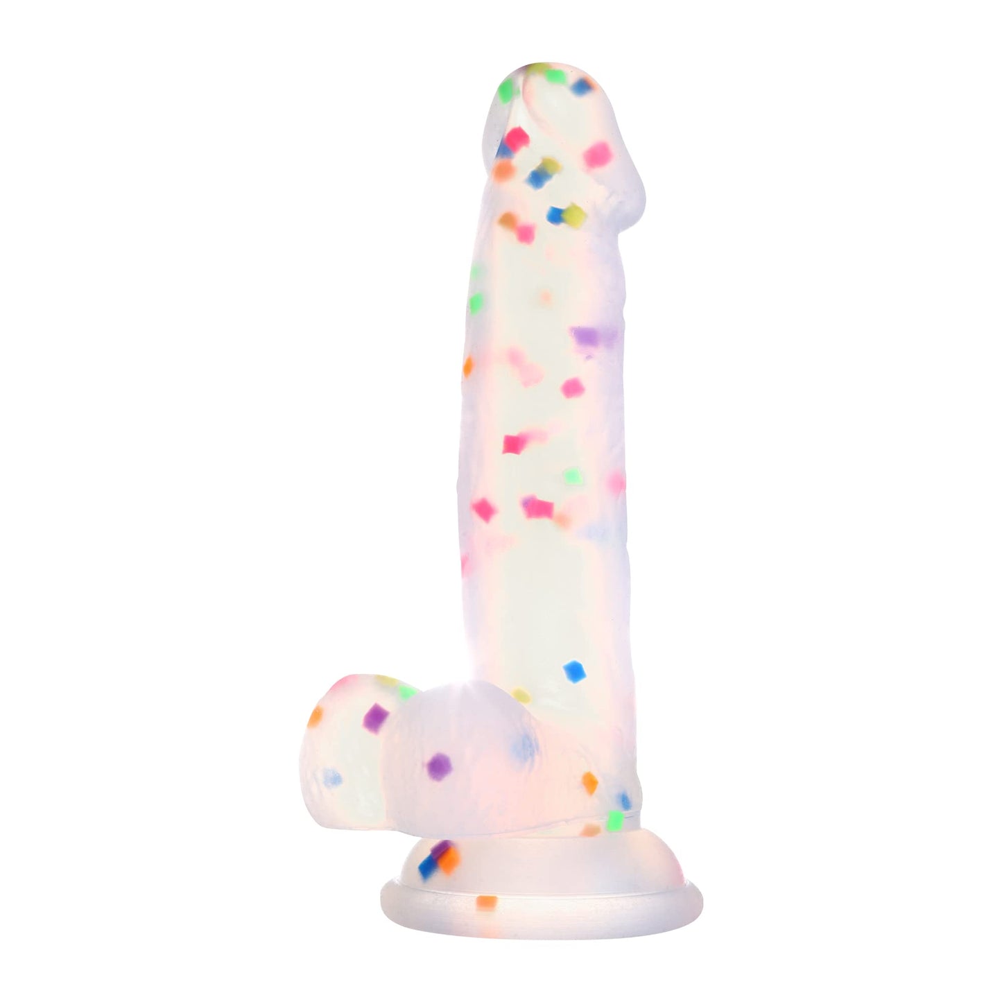 Best-selling kawaii clear silicone dildo featuring colorful confetti sprinkles and a strong suction cup base on a white background.