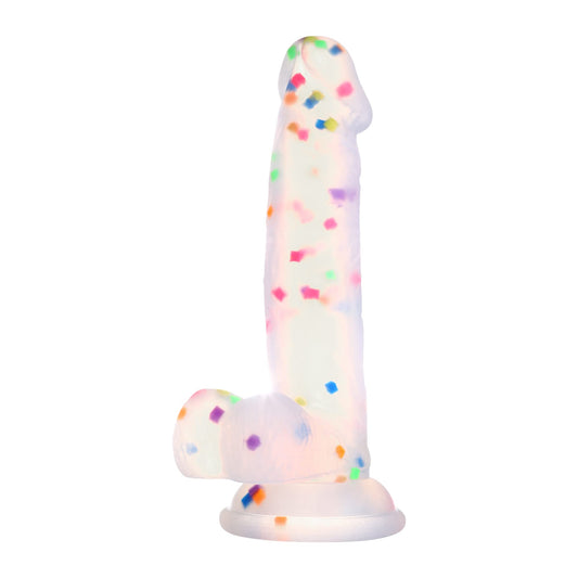 Best-selling kawaii clear silicone dildo featuring colorful confetti sprinkles and a strong suction cup base on a white background.