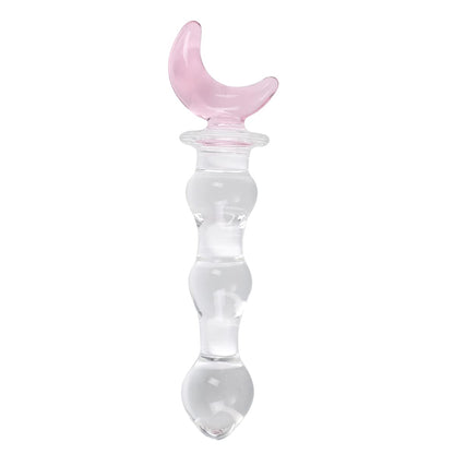 Pastel pink crescent moon handle glass wand dildo for kawaii BDSM play on a plain white background.
