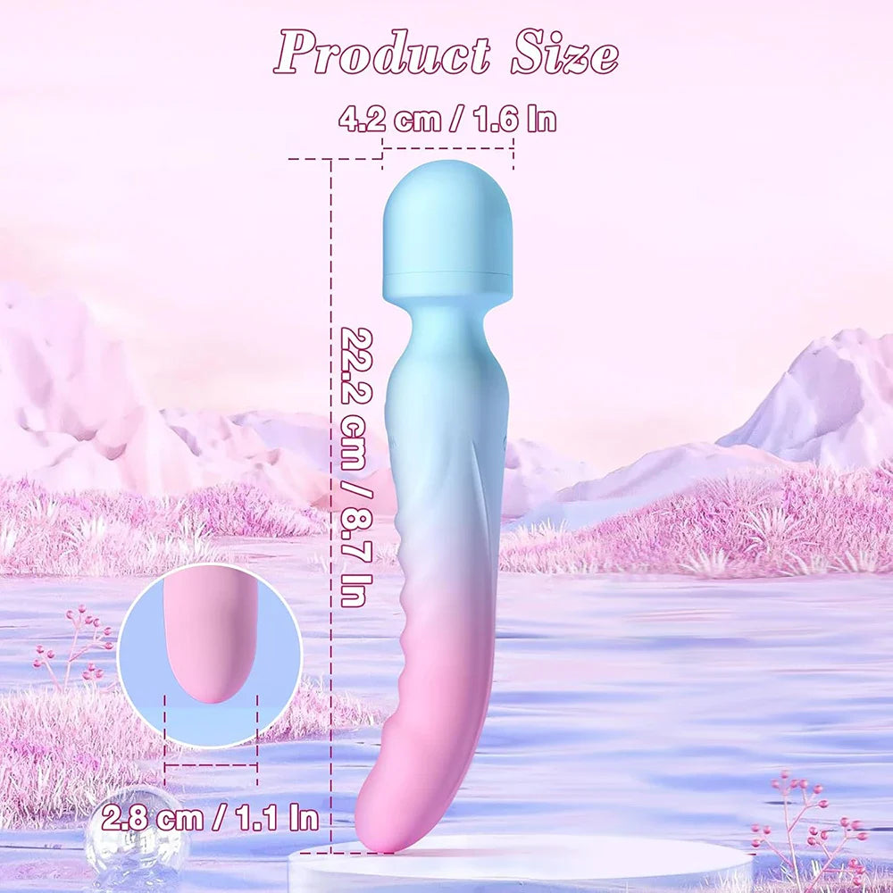 Size infographic of the blue and pink dual vibrator standing on a pastel pedestal, displaying its full length of 243mm (9.5 inches) and insertable length of 120mm (4.7 inches).