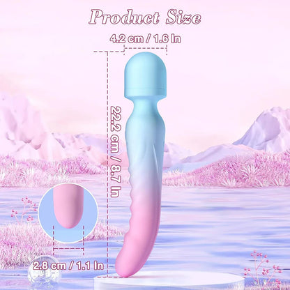 Size infographic of the blue and pink dual vibrator standing on a pastel pedestal, displaying its full length of 243mm (9.5 inches) and insertable length of 120mm (4.7 inches).