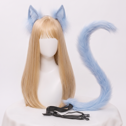 A light blue posable faux fur tail with a secure waist strap and matching fluffy animal ears headband worn by a mannequin.